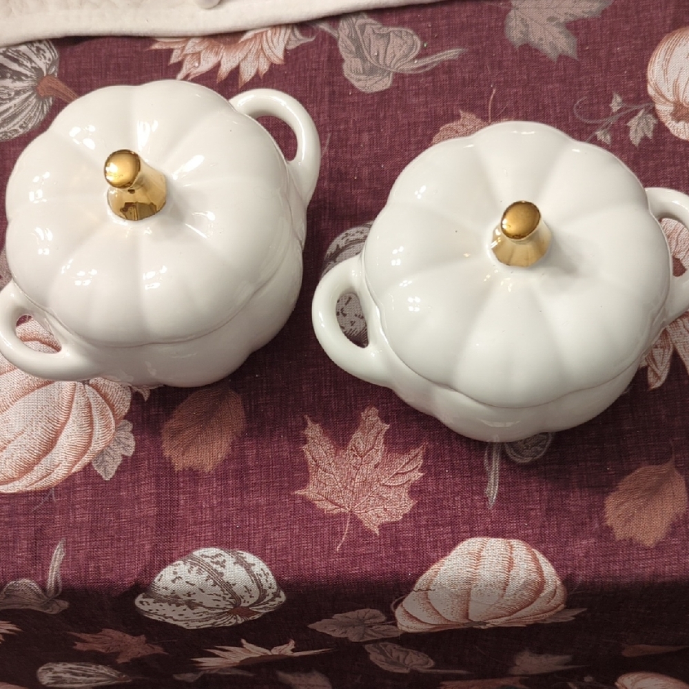 Crofton White Pumpkin Ceramic Soup Bowls with Gold Knobs Srt Of 2..2021
